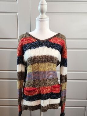 Ashley by 26 International Multicolor Striped V-Neck Knit Sweater - Size L